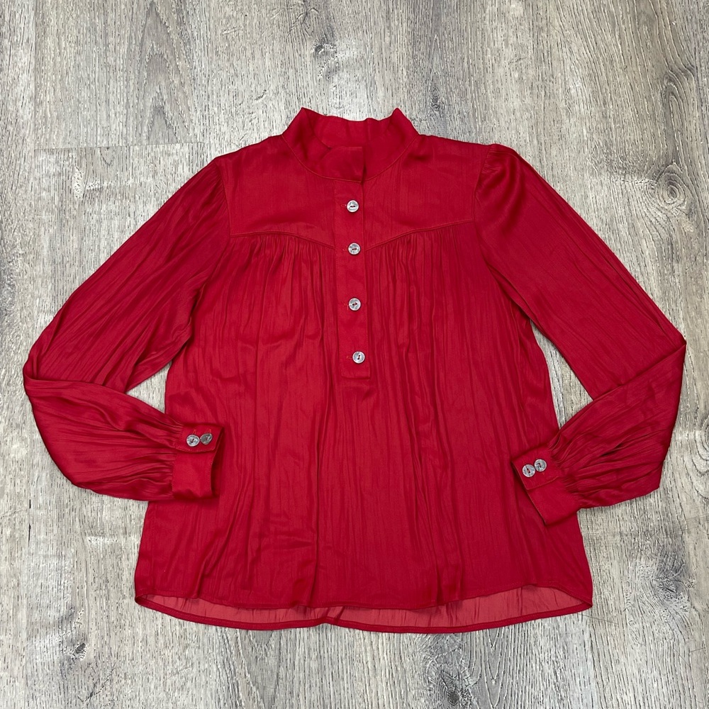 Anthropologie Deep Red Pleated Long Sleeve Blouse - Picture 1 of 5